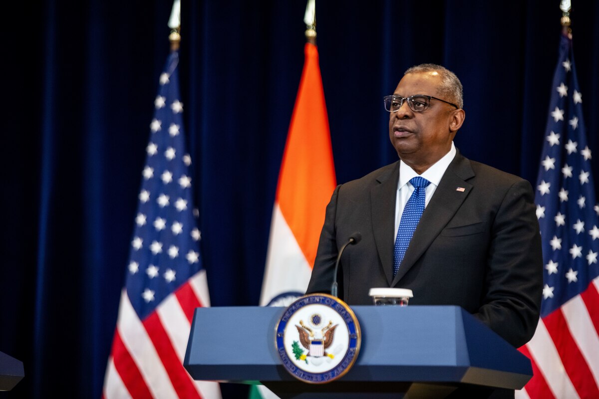 Secretary of Defense Lloyd J. Austin III speaks to reporters.