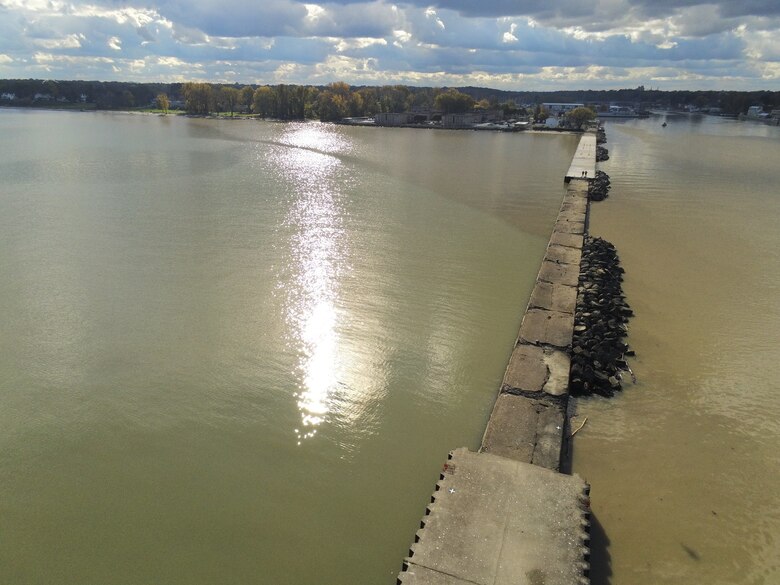 Aerial view of Rochester Harbor east pier