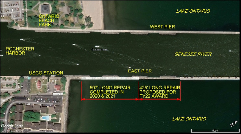 Map overlay of Rochester Harbor piers