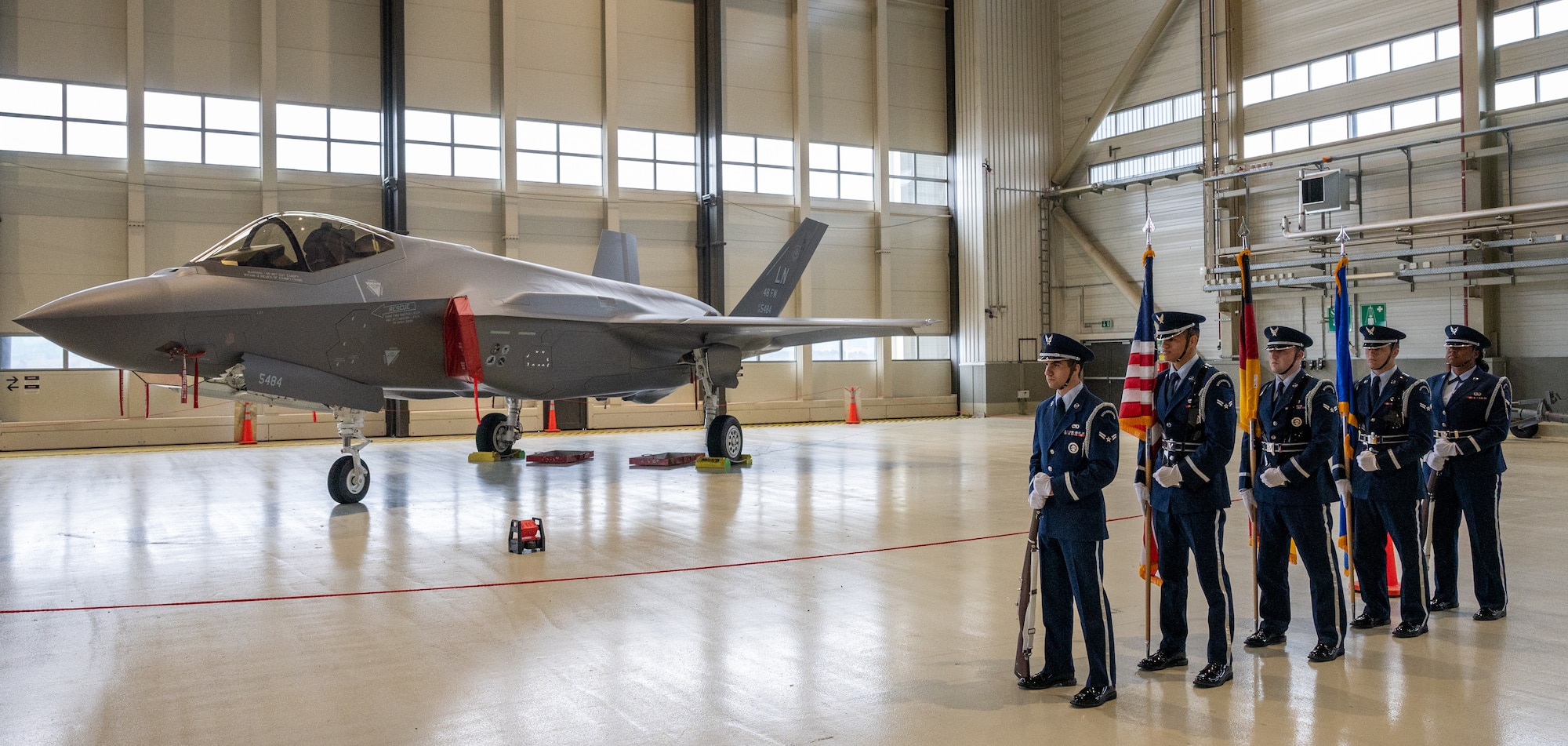 A line of individuals holding flags, standing beside a jet.