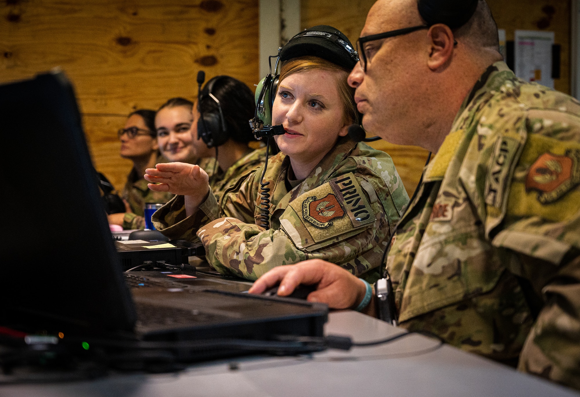 U.S. Air Force Tactical Air Control Party operators, assigned to the 4th Air Support Operations Group, work alongside Airmen, assigned to the 606th Air Control Squadron and the 1st Combat Communications Squadron, to monitor air space in Romania, March 6, 2022.