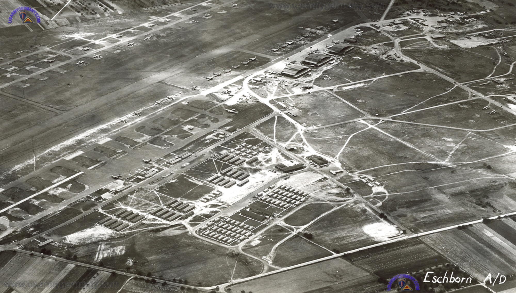 Frankfurt/Eschborn Airfield (Advanced Landing Ground Y-74) was the base of origin for the last mission of Capt. “Shorty” Bales on April 13, 1945.  The 371st Fighter Group operated from this field from April 7 through V-E Day on May 8, 1945.  This postwar (1946) photo shows the field in use by C-47 transport aircraft of the European Air Transport Service, the fighters having long moved on to other bases. (US Army Germany.com)