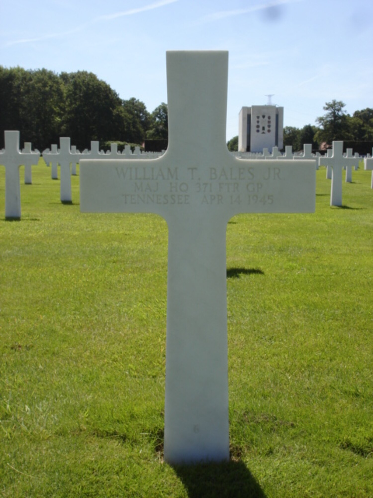 Maj. William T. Bales, Jr., of the Headquarters staff, 371st Fighter Group, is buried in the Ardennes American Cemetery and Memorial, Neuville-en-Condroz, Arrondissement de Liège, Liège, Belgium in Plot D, Row 8, Grave 6. (Find a Grave.com)