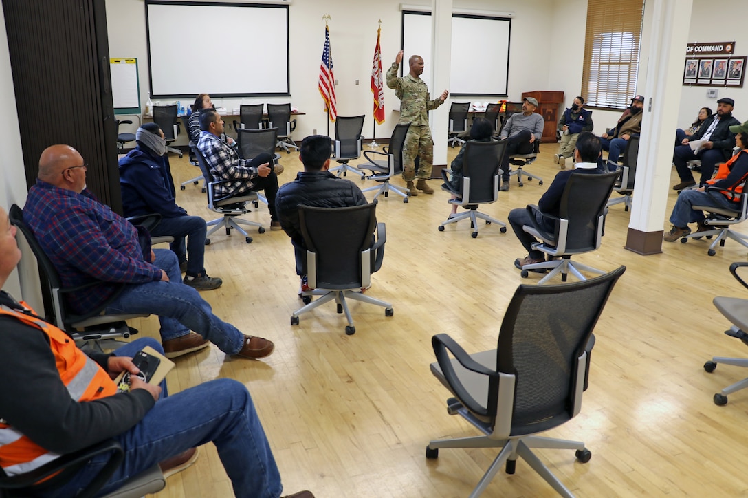 Command Sgt. Maj. Patrickson Toussaint, U.S. Army Corps of Engineers command sergeant major, speaks to employees March 29 at the Los Angeles District’s baseyard facility in South El Monte, California. The purpose of his visit was to see how things are going out in the field and to engage with the workforce. Toussaint, the organization’s 14th command sergeant major, is charged with advising leaders at all levels of concerns and best practices across the enterprise.