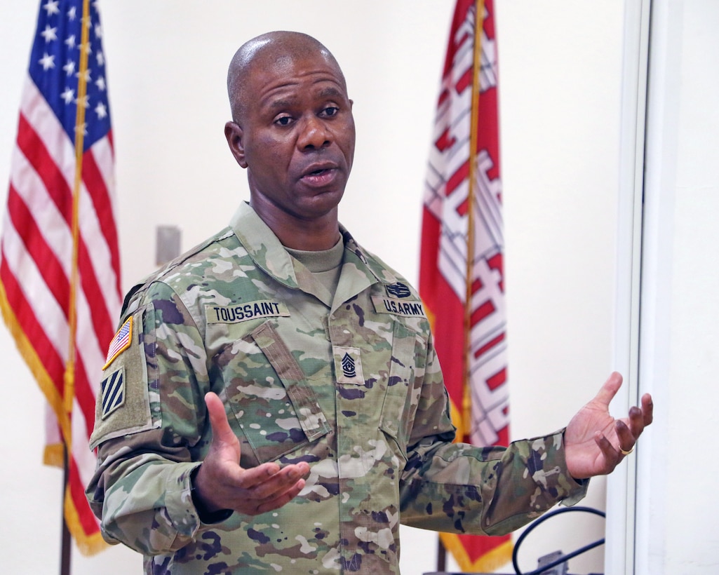Command Sgt. Maj. Patrickson Toussaint, U.S. Army Corps of Engineers command sergeant major, speaks to employees March 29 at the Los Angeles District’s baseyard facility in South El Monte, California. The purpose of his visit was to see how things are going out in the field and to engage with the workforce. Toussaint, the organization’s 14th command sergeant major, is charged with advising leaders at all levels of concerns and best practices across the enterprise.