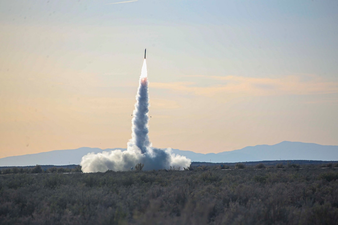 A rocket launches into the air.