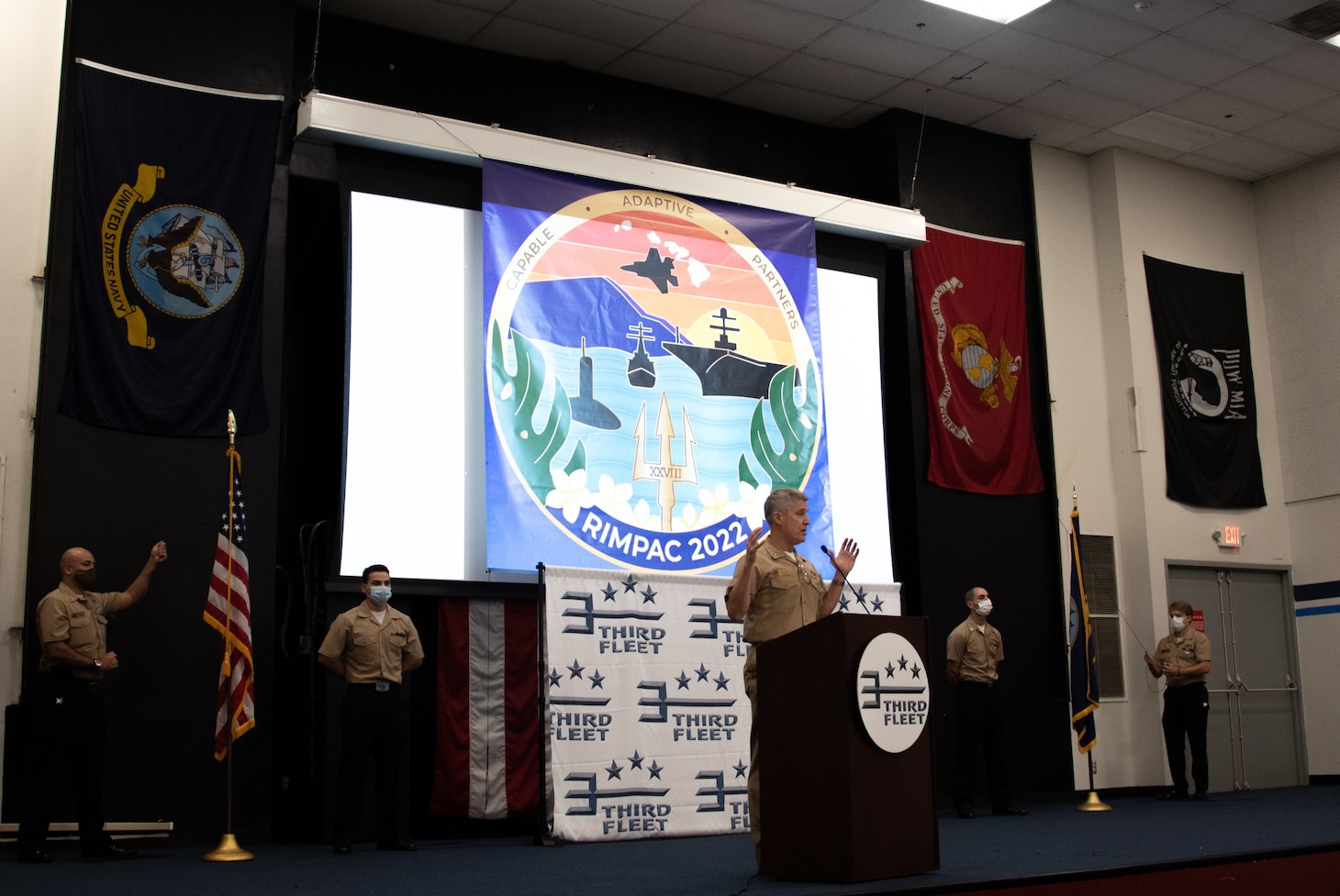 Vice Adm. Steve Koehler, commander, U.S. 3rd Fleet, makes remarks during the Exercise Rim of the Pacific (RIMPAC) 2022 mid-planning conference (MPC) at Naval Base Point Loma