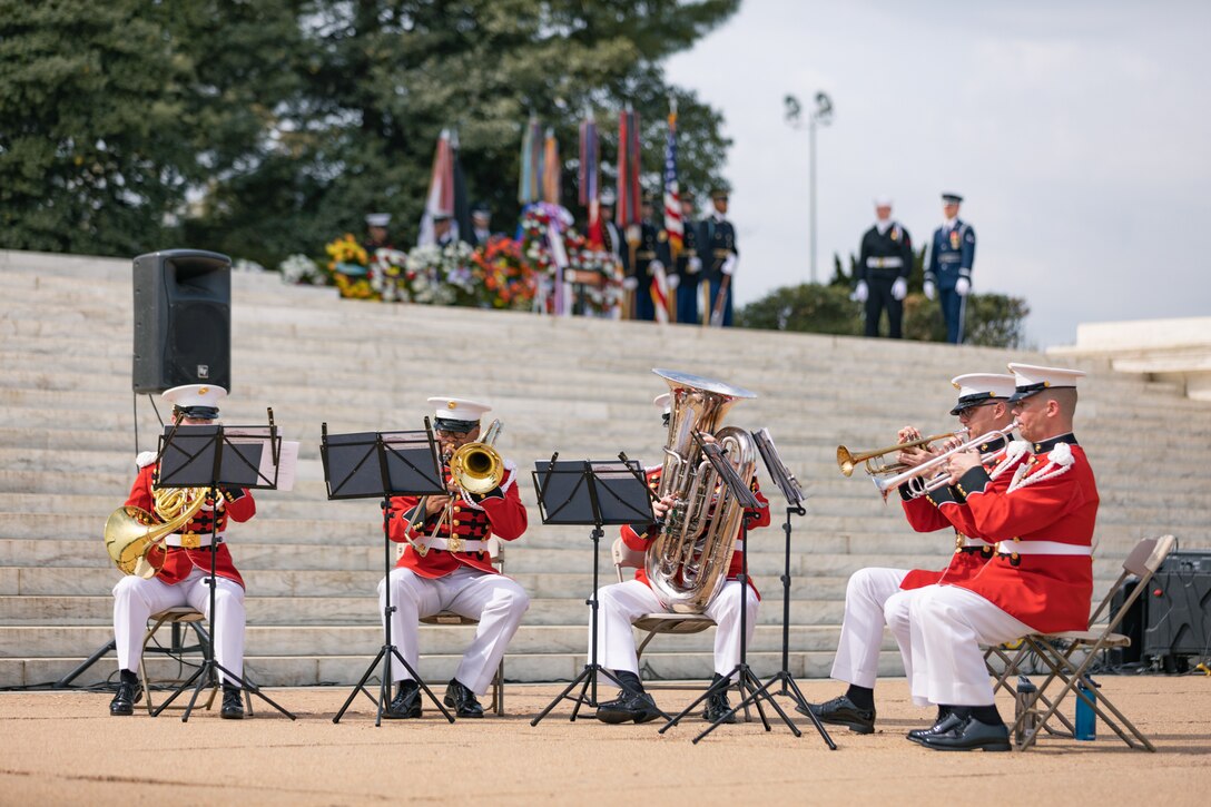 To celebrate the 279th birthday of author of the Declaration of Independence and third U.S. president Thomas Jefferson, a Marine Band brass quintet performed at the 79th annual Jefferson Memorial Ceremony in Washington, D.C. on April 13, 2022. Jefferson is credited with giving the Marine Band its nickname, "The President's Own."
