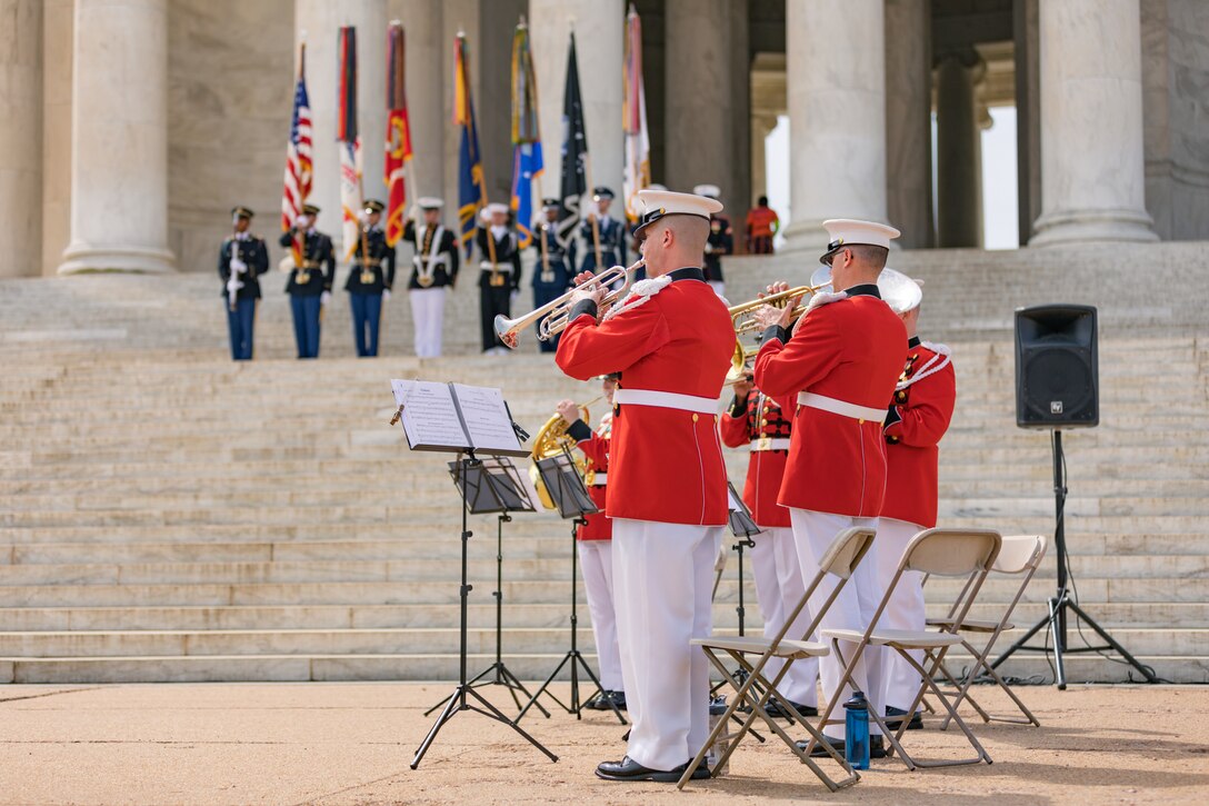 To celebrate the 279th birthday of author of the Declaration of Independence and third U.S. president Thomas Jefferson, a Marine Band brass quintet performed at the 79th annual Jefferson Memorial Ceremony in Washington, D.C. on April 13, 2022. Jefferson is credited with giving the Marine Band its nickname, "The President's Own."