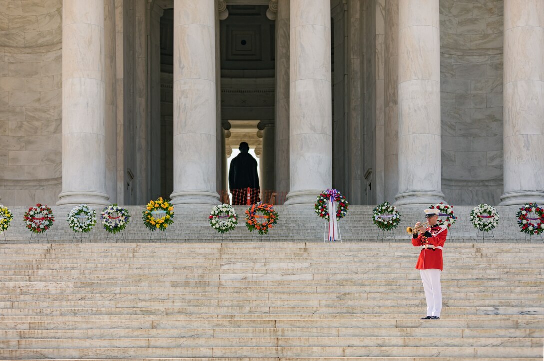 To celebrate the 279th birthday of author of the Declaration of Independence and third U.S. president Thomas Jefferson, a Marine Band brass quintet performed at the 79th annual Jefferson Memorial Ceremony in Washington, D.C. on April 13, 2022. Jefferson is credited with giving the Marine Band its nickname, "The President's Own."