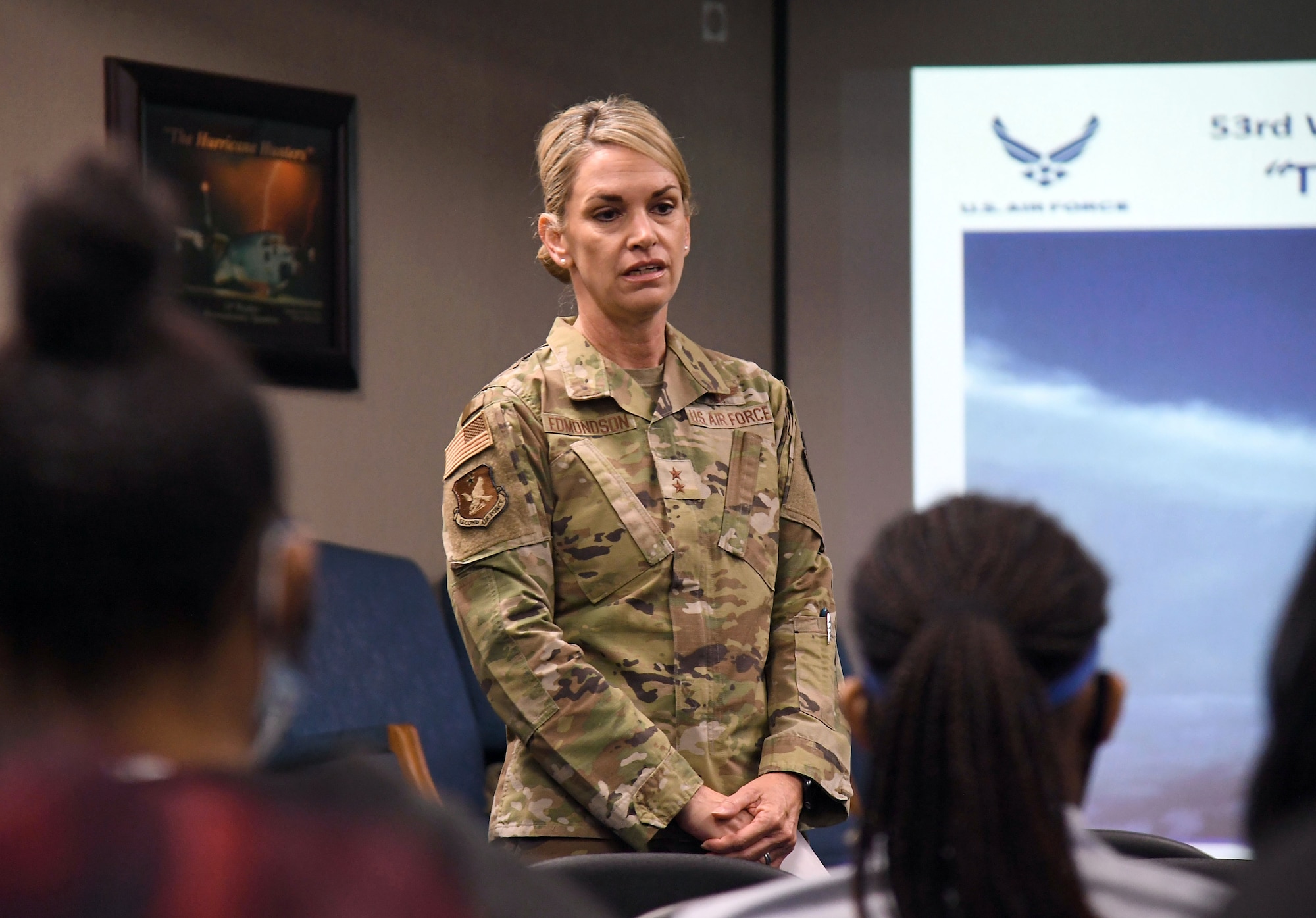 U.S. Air Force Maj. Gen. Michele Edmondson, Second Air Force commander, delivers remarks to Jefferson Davis County High School Junior ROTC cadets inside the 53rd Weather Reconnaissance Squadron building at Keesler Air Force Base, Mississippi, April 12, 2022. Throughout their visit to Keesler, more than 30 cadets toured a WC-130J aircraft, visited air traffic control training courses and received a military working dog demonstration. (U.S. Air Force photo by Kemberly Groue)