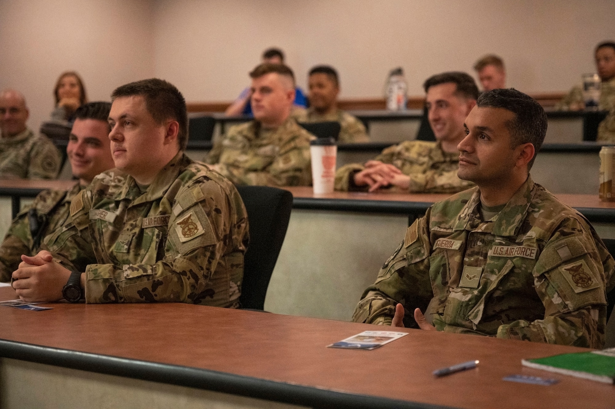 Firefighters assigned to the 19th Civil Engineer Squadron attend a brief from the Air Force Wounded Warrior (AFW2) program