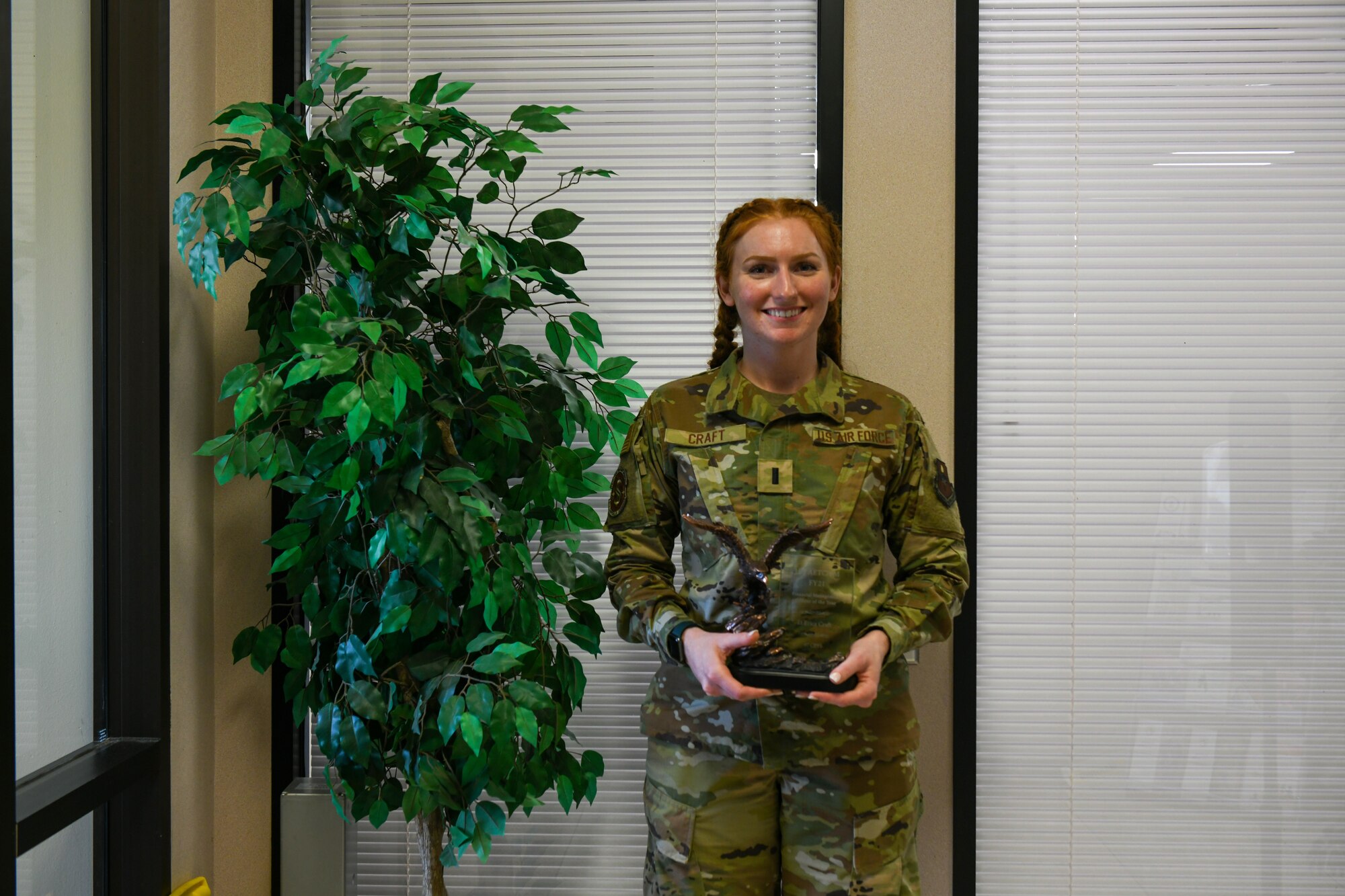 U.S. Air Force 1st Lt. Erica Craft, 97th Comptroller Squadron deputy budget officer, poses for a photo at Altus Air Force Base, Oklahoma, April 5, 2022. Craft won the 2021 Air Education and Training Command Financial Management Officer of the Year Award. (U.S. Air Force photo by Airman 1st Class Miyah Gray)