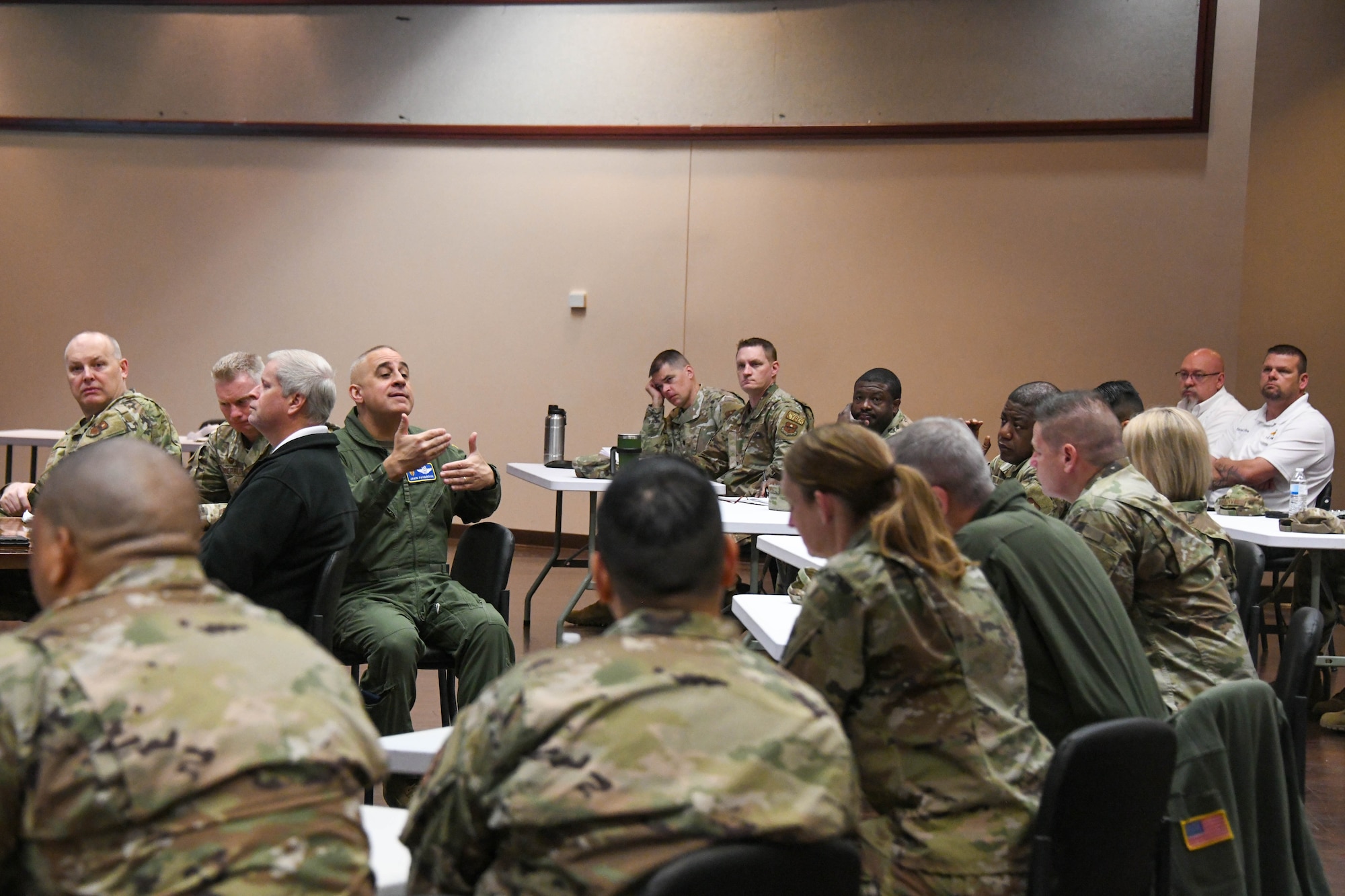 U.S. Air Force Col. Jason Pavelschak, 97th Air Mobility Wing (AMW) vice commander, addresses 97th AMW leaders during their training at Altus Air Force Base, Oklahoma, April 7, 2022. The leaders walked through a sexual assault scenario to solidify their roles and responsibilities during the process, as well as answer related questions. (U.S. Air Force photo by Airman 1st Class Trenton Jancze)