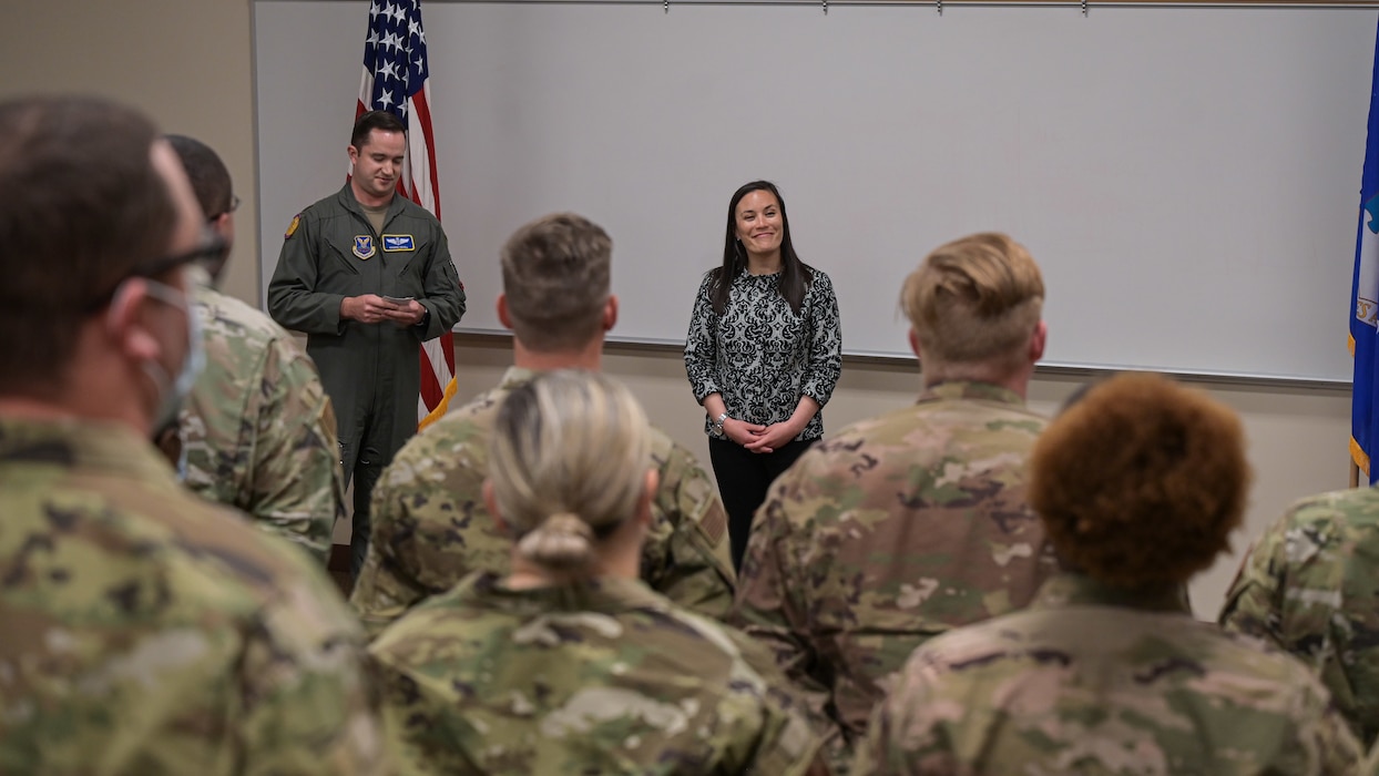 The Honorable Gina Ortiz Jones, Under Secretary of the Air Force, recognized Airmen from the 2nd Bomb Wing who innovatevely lead COVID-19 readiness efforts during a visit to Barksdale Air Force Base, Louisiana, April 12, 2022. Jones recognized Airmen who supported efforts during the COVID-19 pandemic. (U.S. Air Force photo by Senior Airman Jonathan E. Ramos)