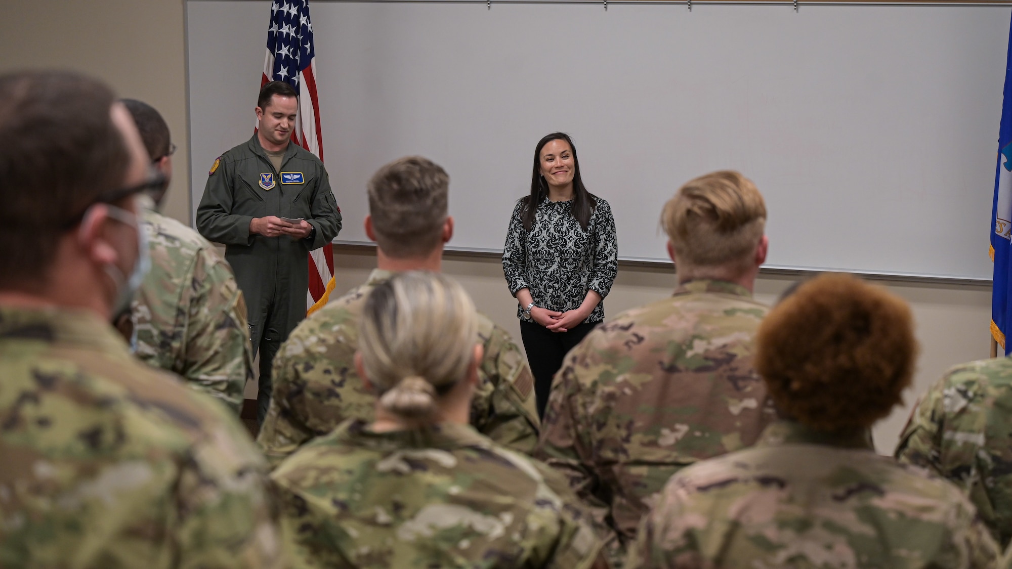 The Honorable Gina Ortiz Jones, Under Secretary of the Air Force, recognized Airmen from the 2nd Bomb Wing who innovatevely lead COVID-19 readiness efforts during a visit to Barksdale Air Force Base, Louisiana, April 12, 2022. Jones recognized Airmen who supported efforts during the COVID-19 pandemic. (U.S. Air Force photo by Senior Airman Jonathan E. Ramos)