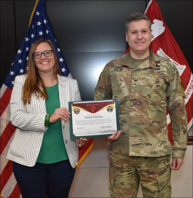 IN THE PHOTO, District Commander Col. Zachary Miller presents  Dr. Zuzana Chovanec, district archeologist, with the Employee of the Month certificate, Mar. 29, 2022. Congratulations, Zuzana!  The district thanks and appreciates you for all you do in support of the Memphis District mission!