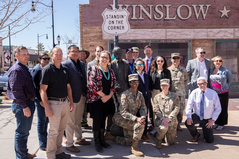 U.S. Army Corps of Engineers South Pacific Division and Los Angeles District leaders pose for a picture with other local and state partners on a corner in Winslow, Ariz., following a tour of the Little Colorado River at Winslow Flood-Control project site April 6 in Winslow, Ariz.