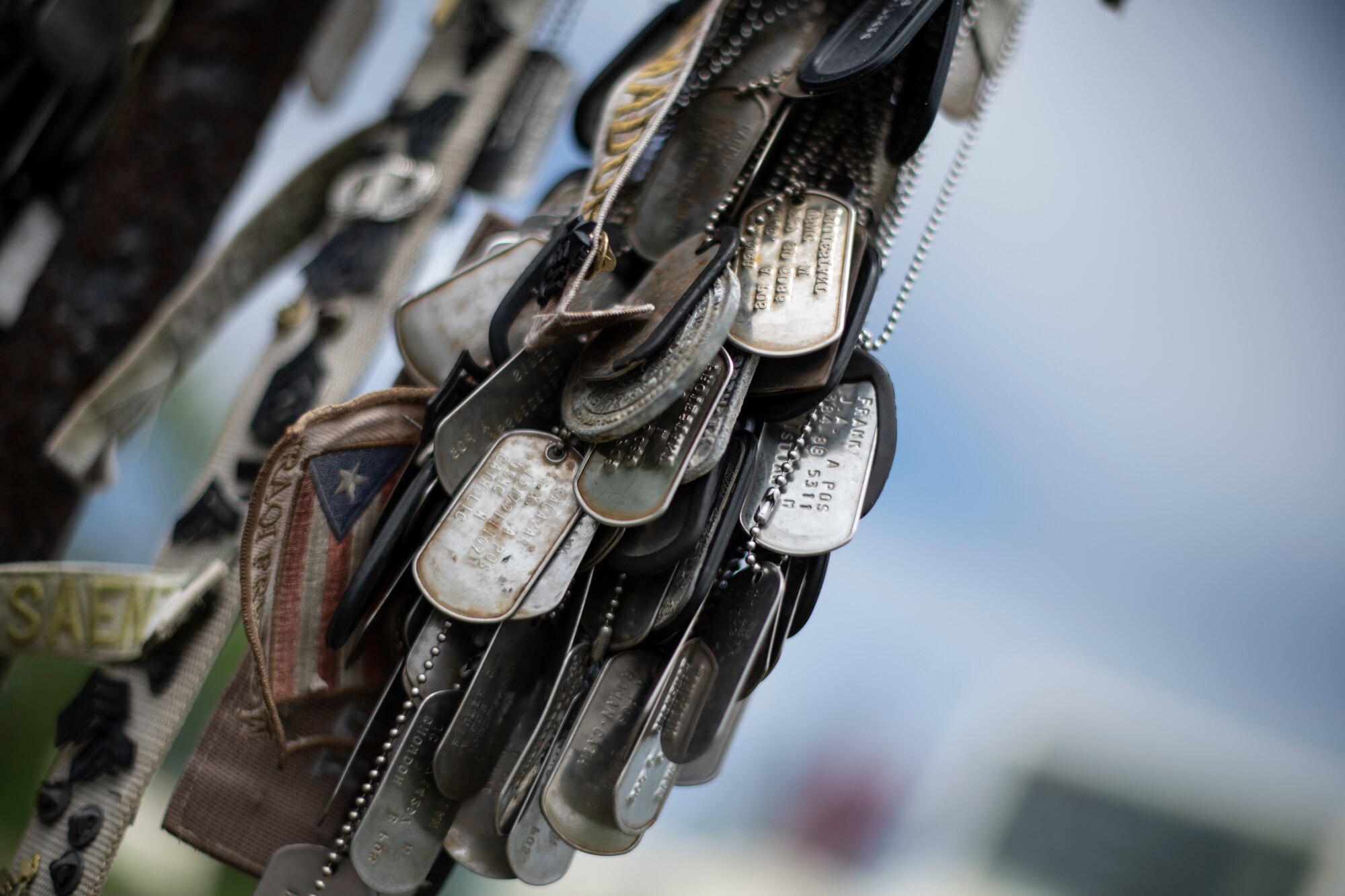 Dog tags hang at a memorial.