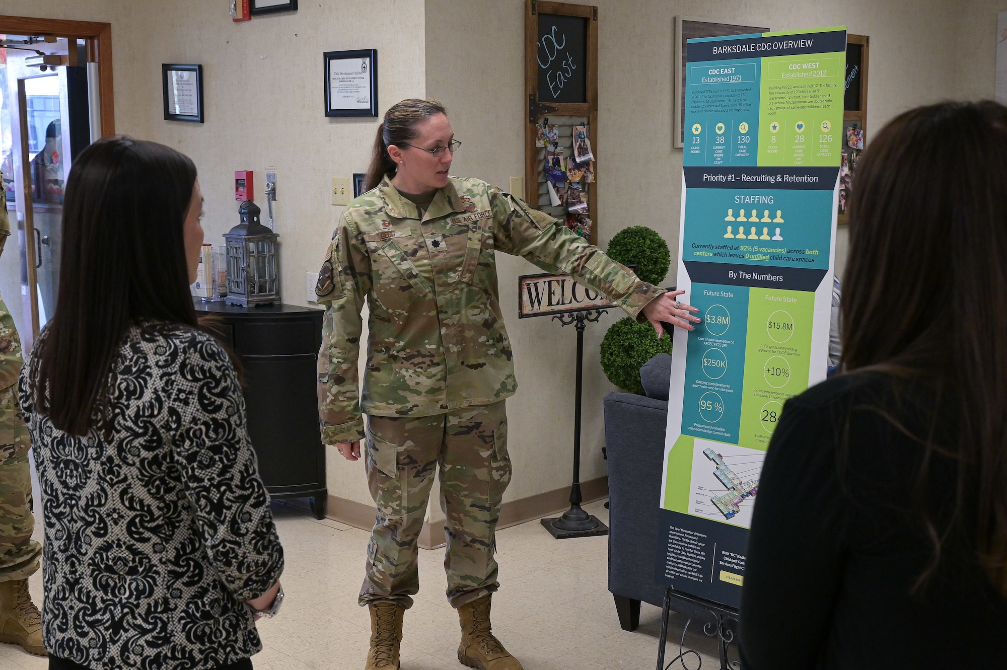 The Honorable Gina Ortiz Jones, Under Secretary of the Air Force, tours the Child Development Center during a visit to Barksdale Air Force Base, Louisiana, April 12, 2022. The CDC provides child care to service members' children in support of Barksdale's mission.  (U.S. Air Force photo by Senior Airman Jonathan E. Ramos)