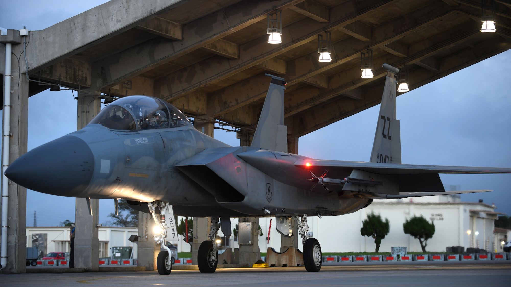 An F-15D Eagle assigned to the 44th Fighter Squadron taxis onto the flightline for a familiarization flight for Japan Air Self-Defense Force Lt. Gen. Masahito Yajima, Southwestern Air Defense Force commander, at Kadena Air Base, Japan, April 12, 2022. Yajima’s visit to Kadena highlighted the 18th Wing's commitment to strengthening the alliance between U.S. and Japanese forces and fortifying their combined combat capabilities in support of a free and open Indo-Pacific. (U.S. Air Force photo by Staff Sgt. Benjamin Raughton)
