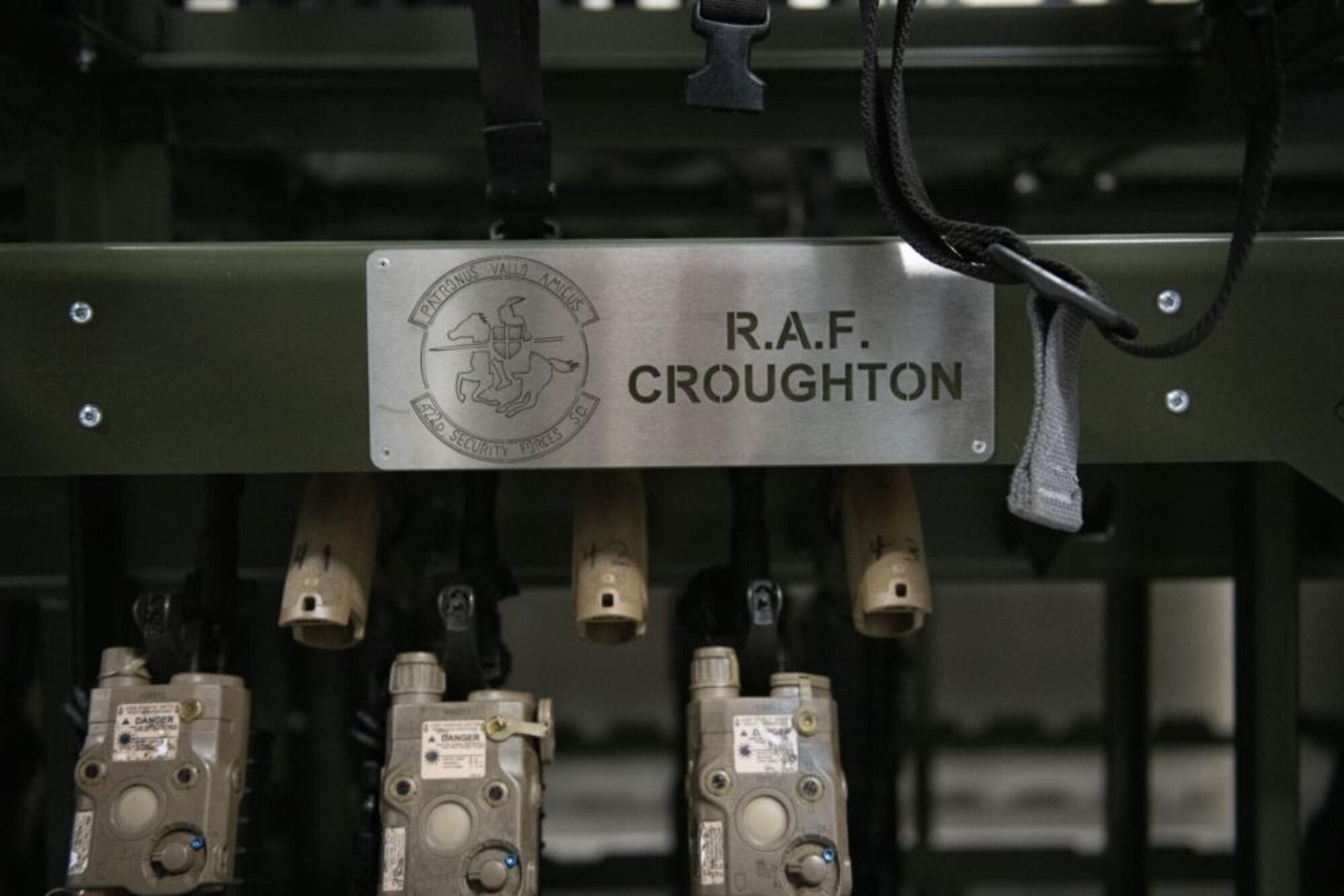 Weapons sit in their racks at RAF Croughton, England, April 6, 2022. The armory was the first in the entire Air Force to fully integrate a radio-frequency identification tracking system. (U.S. Air Force photo by Senior Airman Jason W. Cochran)