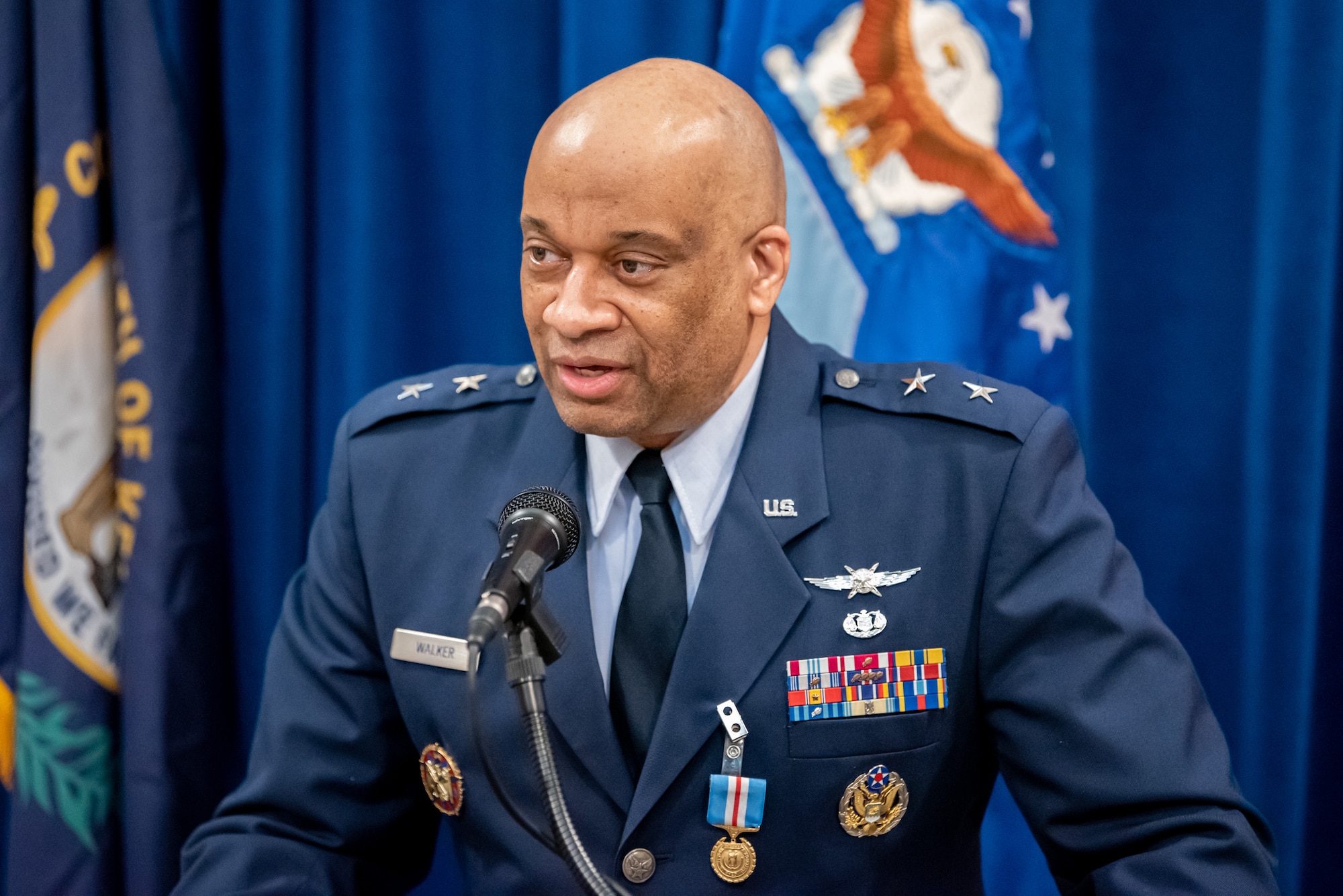 Maj. Gen. Charles M. Walker, director of the Office of Complex Investigations at the National Guard Bureau, speaks to the audience during his promotion ceremony, held in the Capitol Rotunda in Frankfort, Ky., March 12, 2022. Walker previously served as chief of staff for the Kentucky Air National Guard. (U.S. Air National Guard photo by Dale Greer)