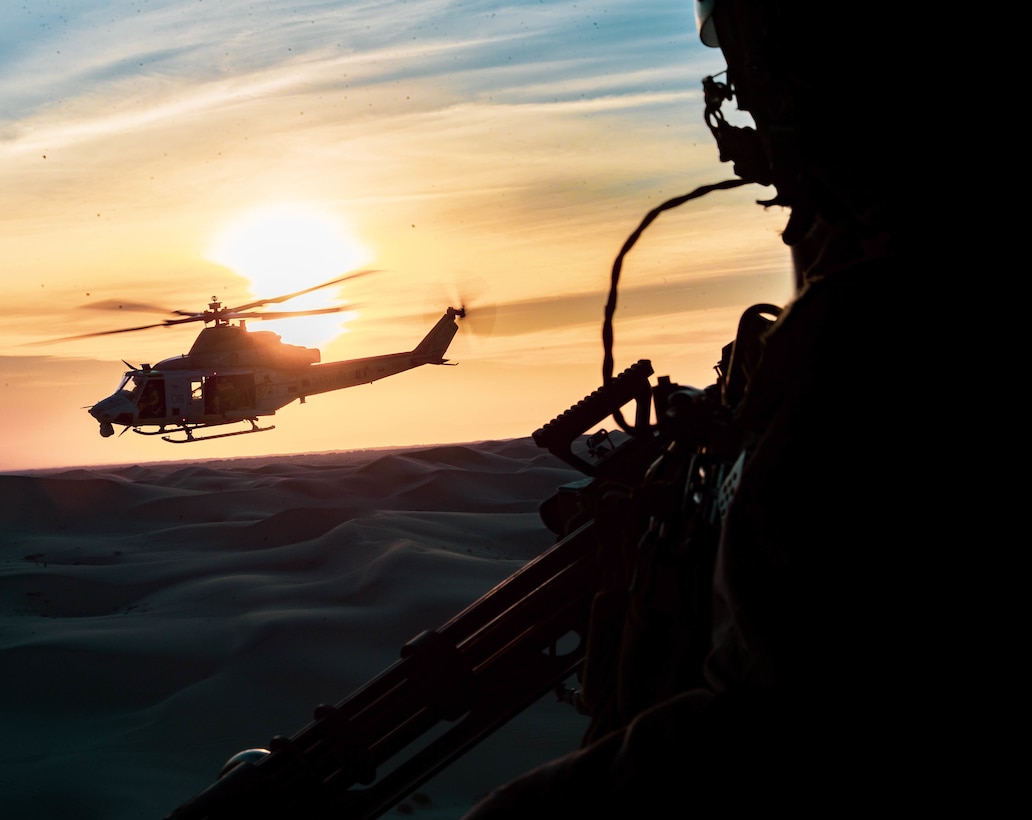 A U.S. Marine Corps UH-1Y Venom, assigned to Marine Aviation Weapons and Tactics Squadron One, completes day gun exercise, during Weapons and Tactics Instructor course 2-22, near Yuma, Ariz., April 1, 2022. WTI is a seven-week training event hosted by MAWTS-1, providing standardized advanced tactical training and certification of unit instructor qualifications to support Marine aviation training and readiness, and assist in developing and employing aviation weapons and tactics.