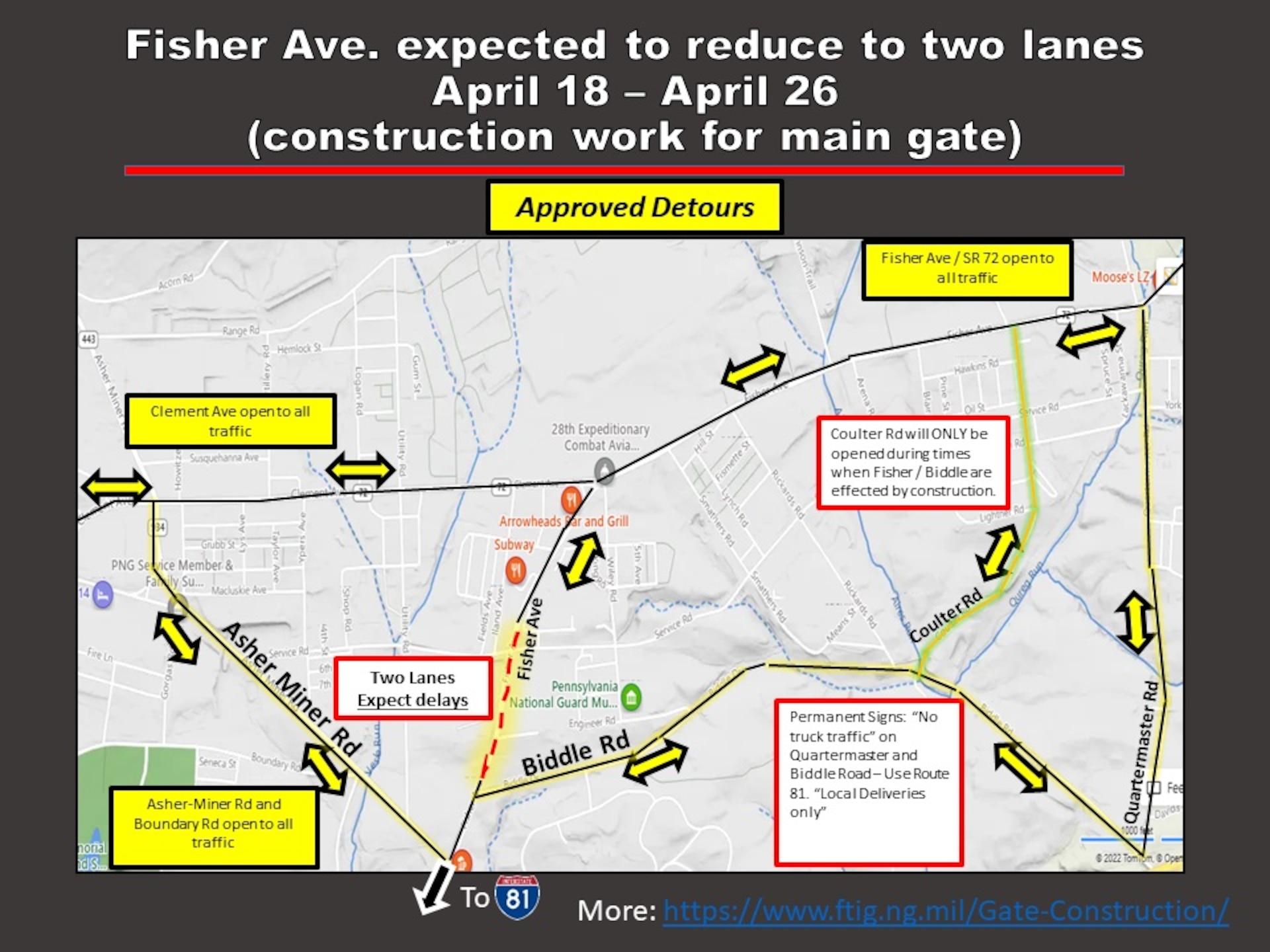 Detour routes during the partial closure of Fisher Avenue at Fort Indiantown Gap beginning April 18, 2022.
