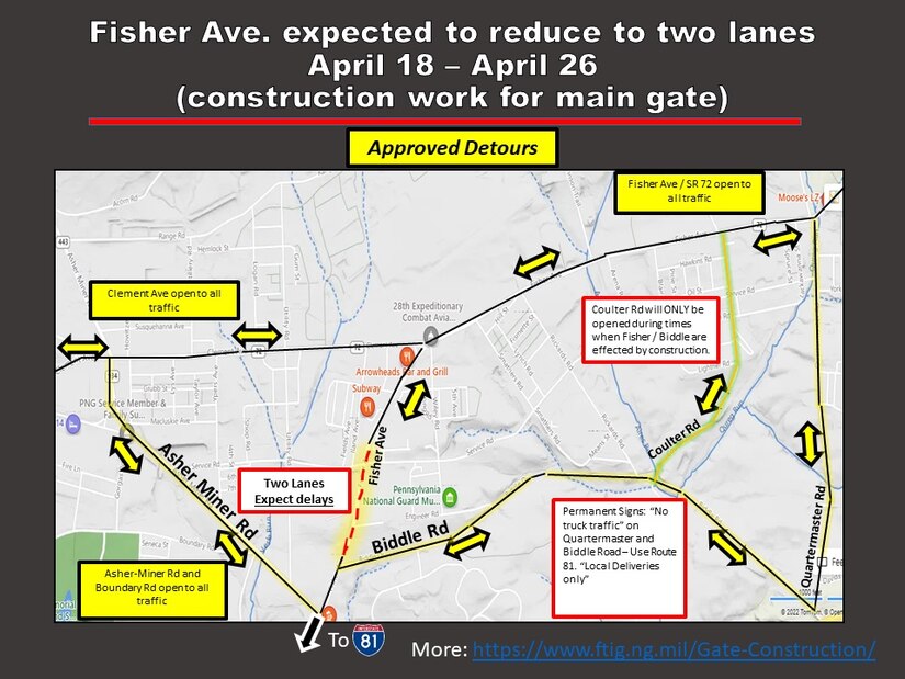 Detour routes during the partial closure of Fisher Avenue at Fort Indiantown Gap beginning April 18, 2022.