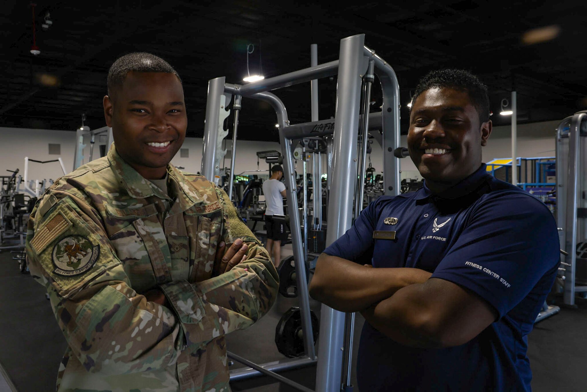 Staff Sgt. Tracy Bullock 9th Force Support Squadron fitness assessment cell NCOIC and Senior Airman Kenneth Bradshaw 9th Force Support Squadron fitness assessment cell technician, stand together at the Omni Fitness Center at Beale Air Force Base, California