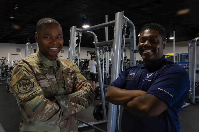 Staff Sgt. Tracy Bullock 9th Force Support Squadron fitness assessment cell NCOIC and Senior Airman Kenneth Bradshaw 9th Force Support Squadron fitness assessment cell technician, stand together at the Omni Fitness Center at Beale Air Force Base, California