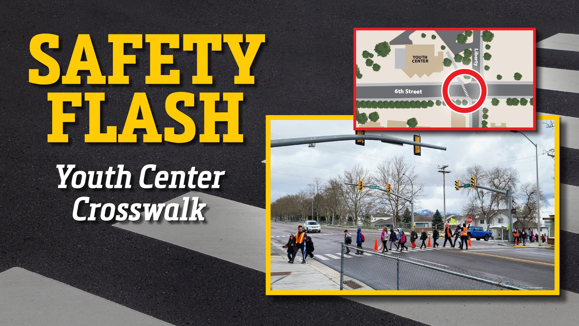 A graphic depicting an overhead map of the intersection and a photo of children crossing the road in a crosswalk.