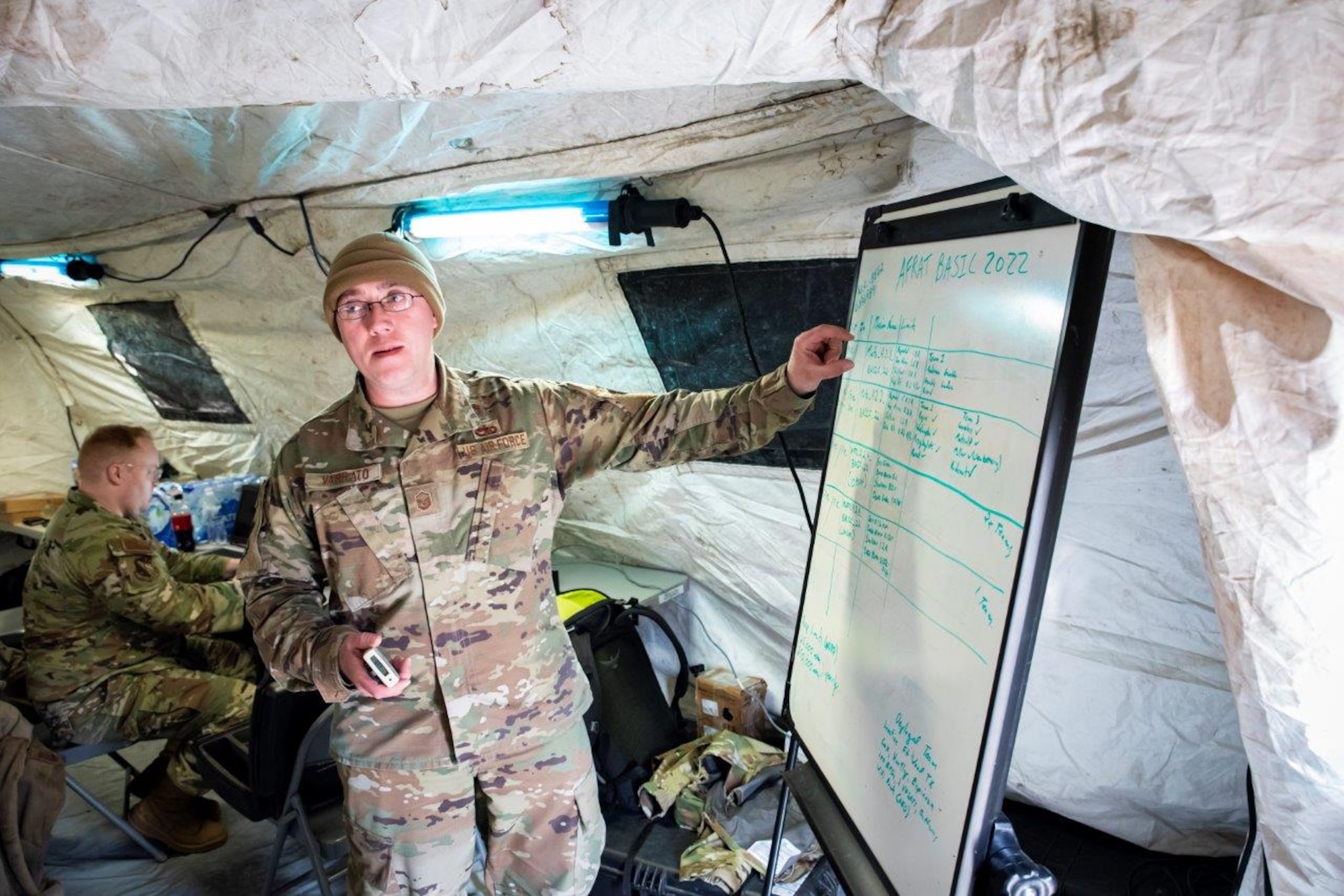 Master Sgt. Marshall Varrato, NCOIC for the dosimetry team, tracks radiation doses for every Air Force Radiation Assessment Team member during a field exercise in March 2022 at the Warfighter Training Facility at Wright-Patterson Air Force Base. This exercise is part of the AFRAT basic course at the USAF School of Aerospace Medicine. (U.S. Air Force photo / Richard Eldridge)