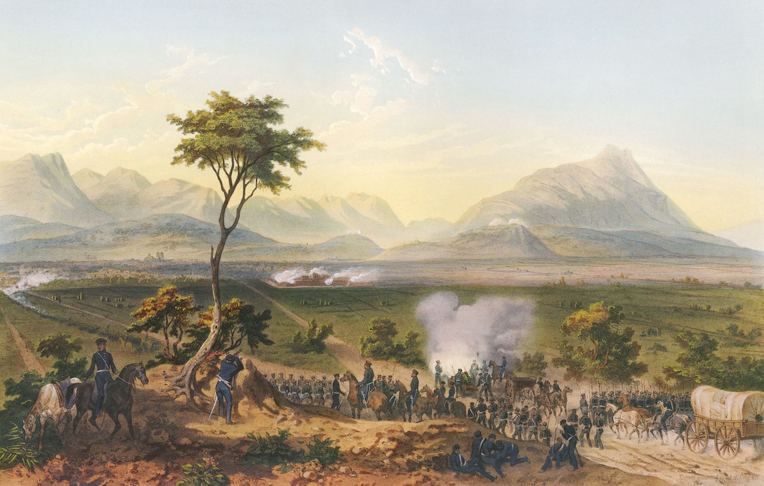 Capture of Monterey [sic], on September 21–24, 1846, during Mexican-American War, at Monterrey, Nuevo León, Mexico; lithograph by Adolphe Jean-Baptiste Bayot, after drawing by Carl Nebel, 1851 (George Kendall and Carl Nebel)