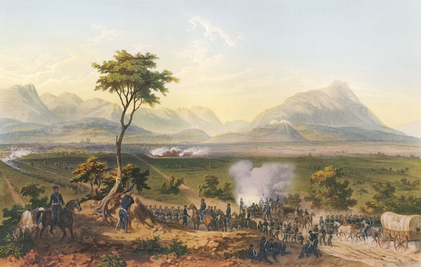 Capture of Monterey [sic], on September 21–24, 1846, during Mexican-American War, at Monterrey, Nuevo León, Mexico; lithograph by Adolphe Jean-Baptiste Bayot, after drawing by Carl Nebel, 1851 (George Kendall and Carl Nebel)