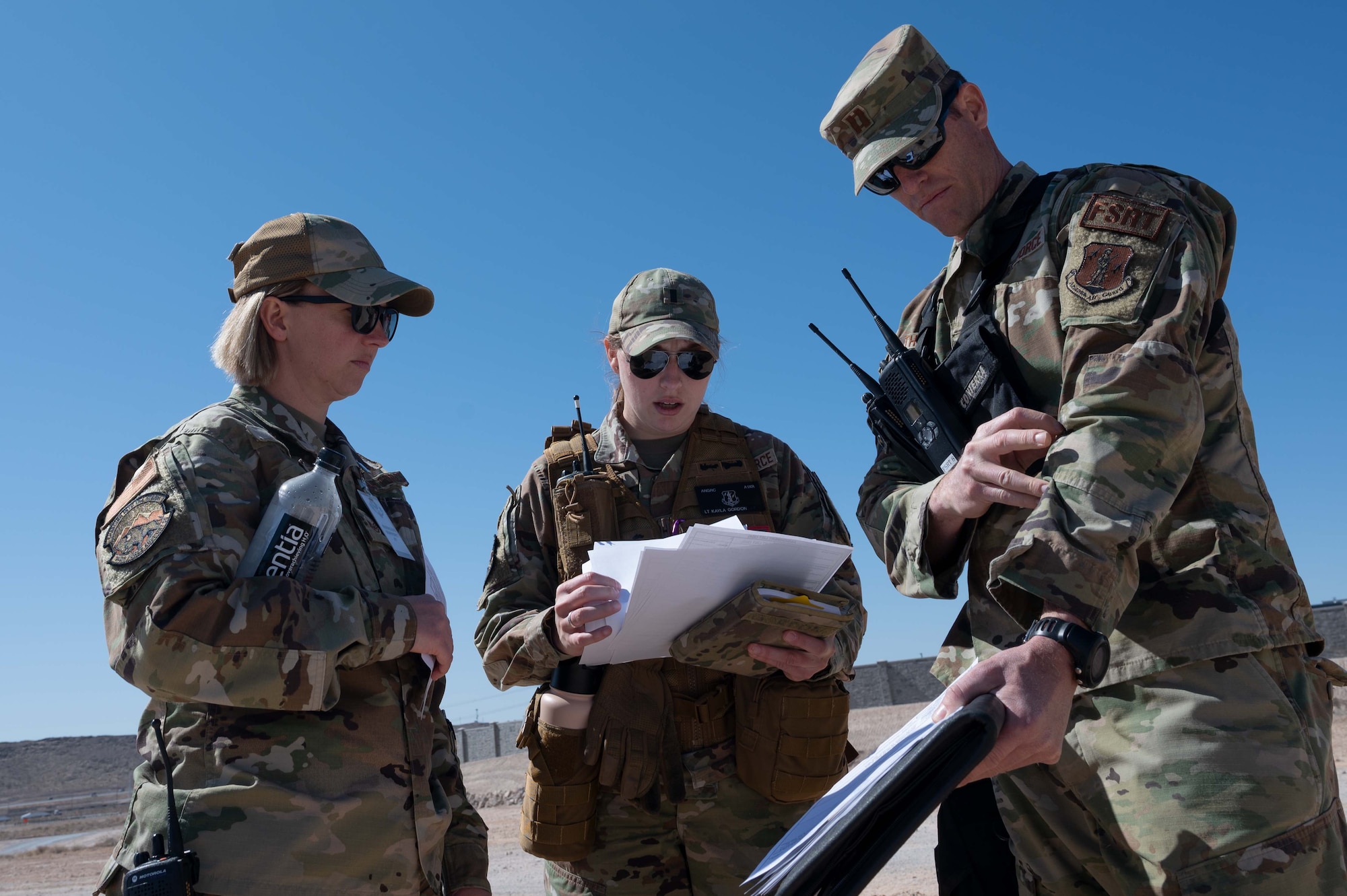 Capt. Jacob Thoman, 162nd FSS FSRT Officer in Charge (OIC), answers questions from Observation Control Team members during an in-person combined training event with other Air and Army National Guard units this week in Las Vegas. As the OIC, Capt. Thoman oversees the Tucson FSRT.