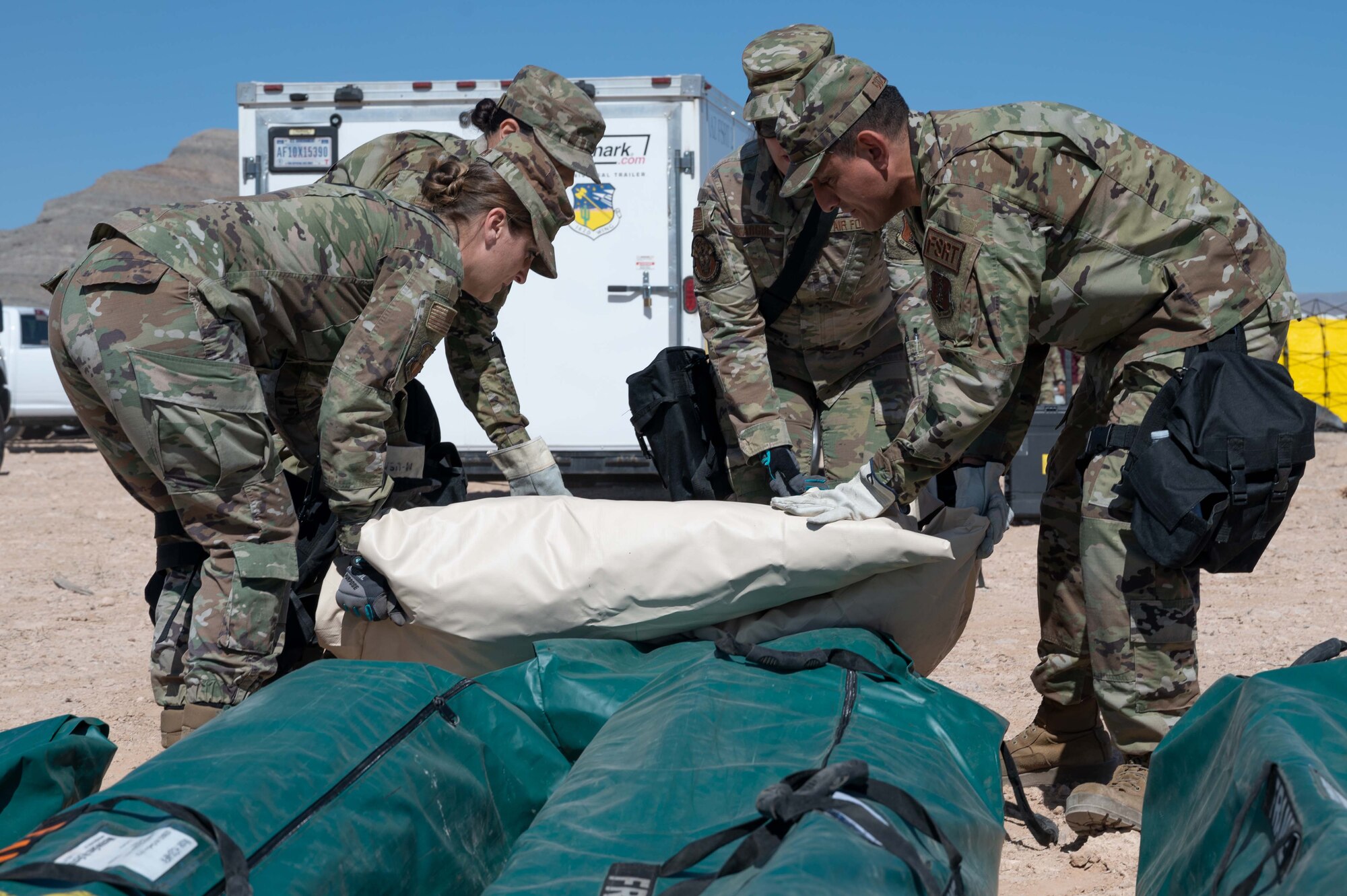 162nd FSS Specialists unload equipment during an in-person combined training event with other Air and Army National Guard units this week in Las Vegas.
