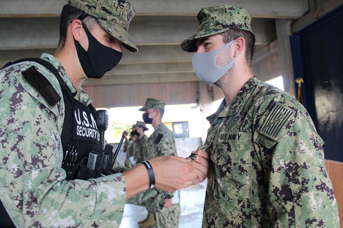 Sailors assigned to U.S. Naval Base Guam’s (NBG) Navy Security Forces (NSF) were frocked to the next pay grade during a ceremony at the NBG Security Compound Dec. 23.