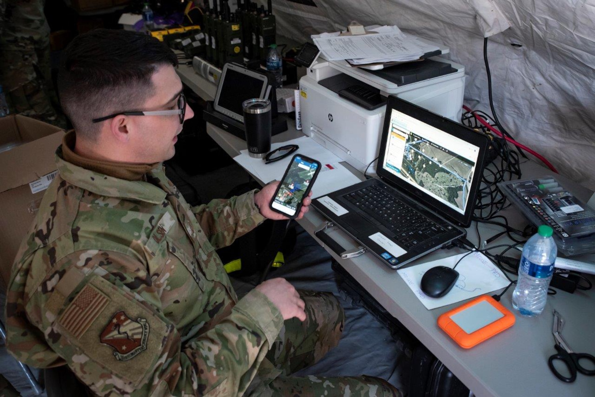Master Sgt. Mark Olsen, NCOIC for the survey team, overlays radiation measurements for hazard area monitoring during a field exercise in March 2022 at the Warfighter Training Facility at Wright-Patterson Air Force Base. This exercise is part of the Air Force Radiation Assessment Team basic course at the USAF School of Aerospace Medicine. (U.S. Air Force photo / Richard Eldridge)