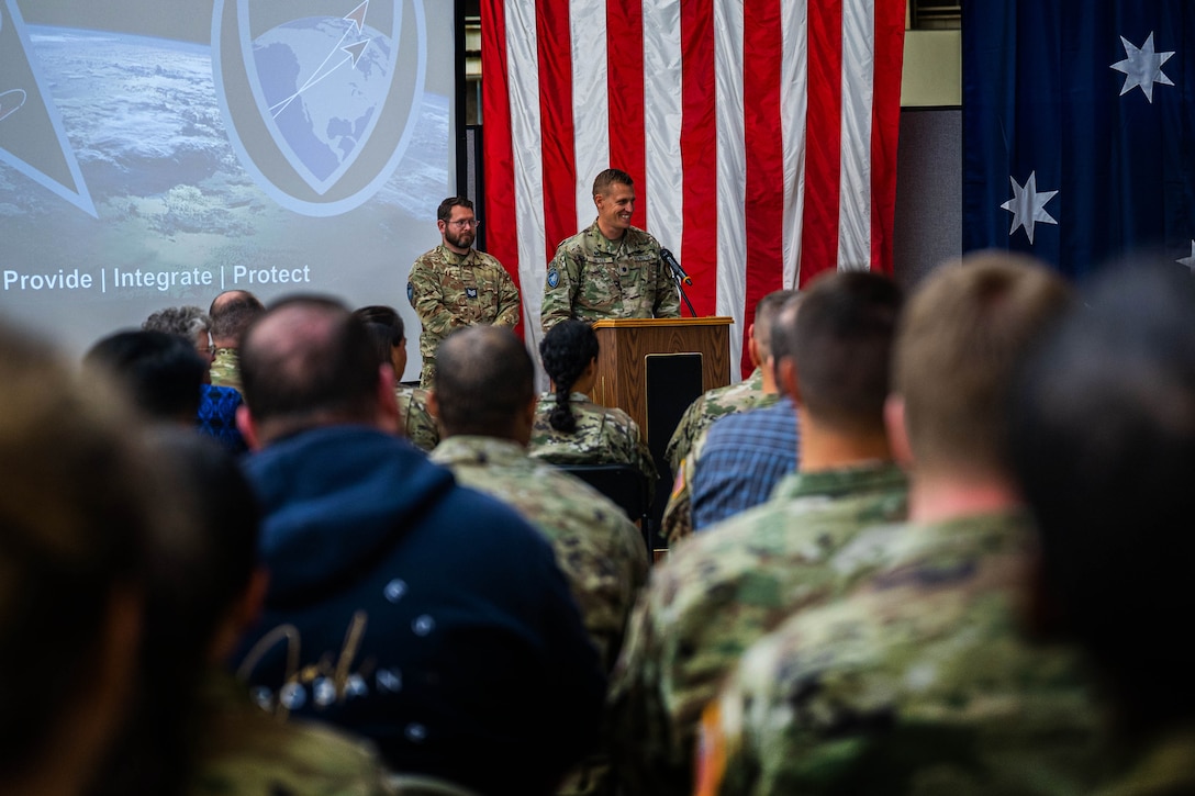 U.S. Space Force Lt. Col. Matthew Lintker, 18th Space Defense Squadron commander, speaks after assuming command of the newly re-designated 18 SDS during a ceremony at Vandenberg Space Force Base, Calif, April 13, 2022. The 18 SDS provides Space Domain Awareness (SDA) allowing military commanders to see the battlespace with clarity, strike with precision, navigate with accuracy, communicate with certainty, and operate with assurance over global distances. (U.S. Space Force photo by Tech. Sgt. Luke Kitterman)