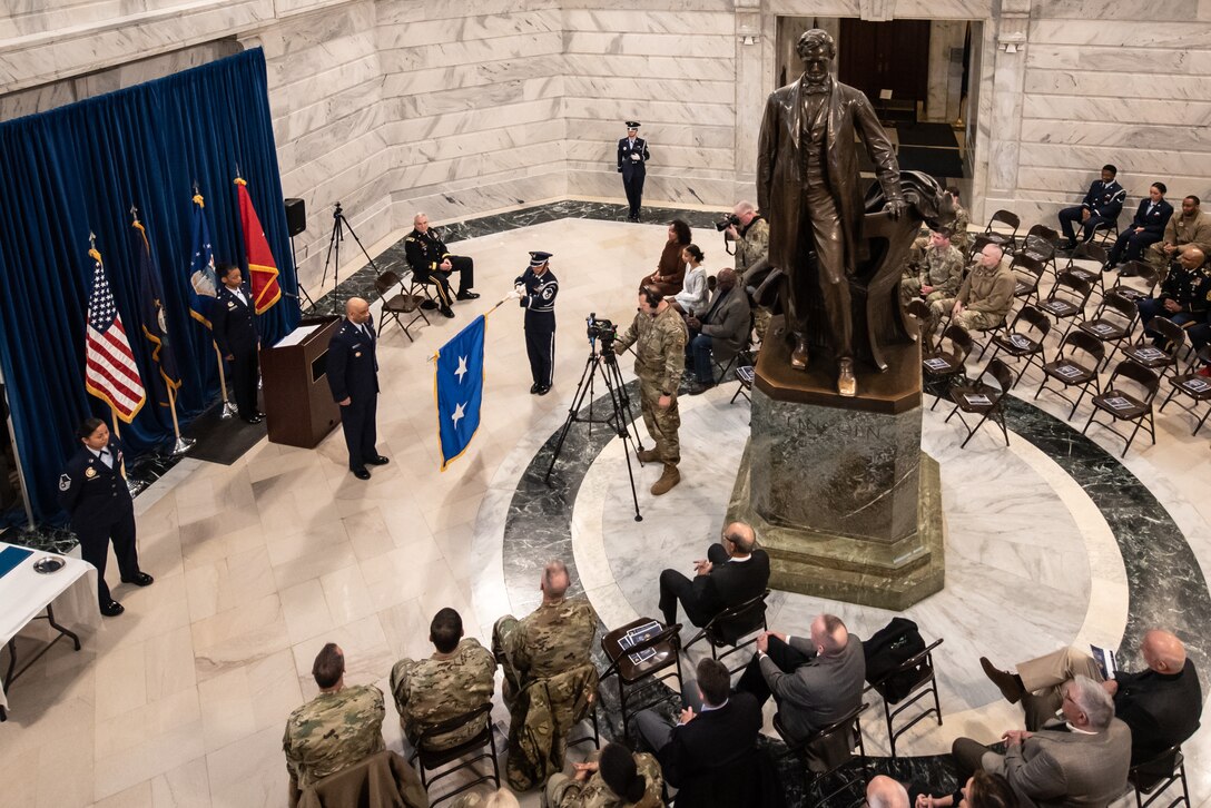 Charles M. Walker is promoted to the rank of major general during ceremony held in the Capitol Rotunda in Frankfort, Ky., March 12, 2022. Walker, who previously served as chief of staff for the Kentucky Air National Guard, is the director of the Office of Complex Investigations at the National Guard Bureau, Joint Base Andrews, Md. (U.S. Air National Guard photo by Senior Airman Madison Beichler)