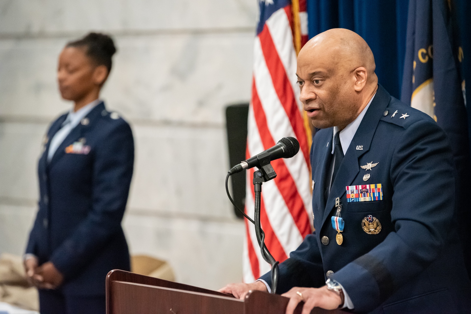 Maj. Gen. Charles M. Walker, director of the Office of Complex Investigations at the National Guard Bureau, speaks to the audience during his promotion ceremony, held in the Capitol Rotunda in Frankfort, Ky., March 12, 2022. Walker previously served as chief of staff for the Kentucky Air National Guard. (U.S. Air National Guard photo by Dale Greer)