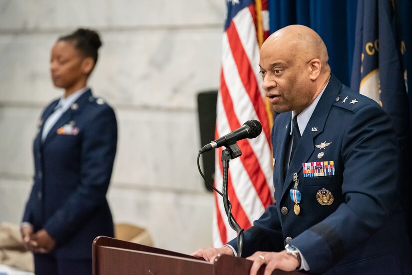 Maj. Gen. Charles M. Walker, director of the Office of Complex Investigations at the National Guard Bureau, speaks to the audience during his promotion ceremony, held in the Capitol Rotunda in Frankfort, Ky., March 12, 2022. Walker previously served as chief of staff for the Kentucky Air National Guard. (U.S. Air National Guard photo by Dale Greer)