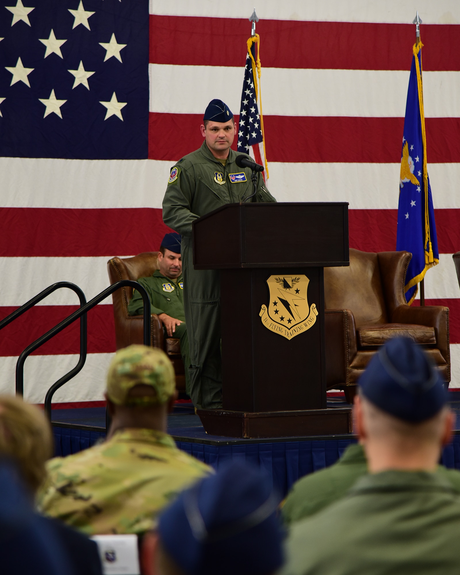 Lt. Col. McKee addresses guests during 43rd FTS Change of Command.