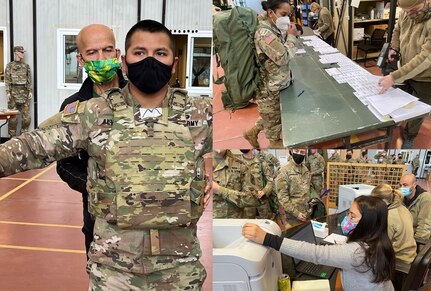 Huseyin Kara, the Central Issue Facility manager for Logistics Readiness Center Italy, 405th Army Field Support Brigade, adjust a Soldiers next generation body armor at the Lerino Compound CIF in Vicenza, Italy. He said the CIF is the only one in the Army that in addition to supporting a few thousand Soldiers locally also supports over 500 service members with remote operations – shipping their CIF equipment to them, like Amazon. (U.S. Army courtesy photo)