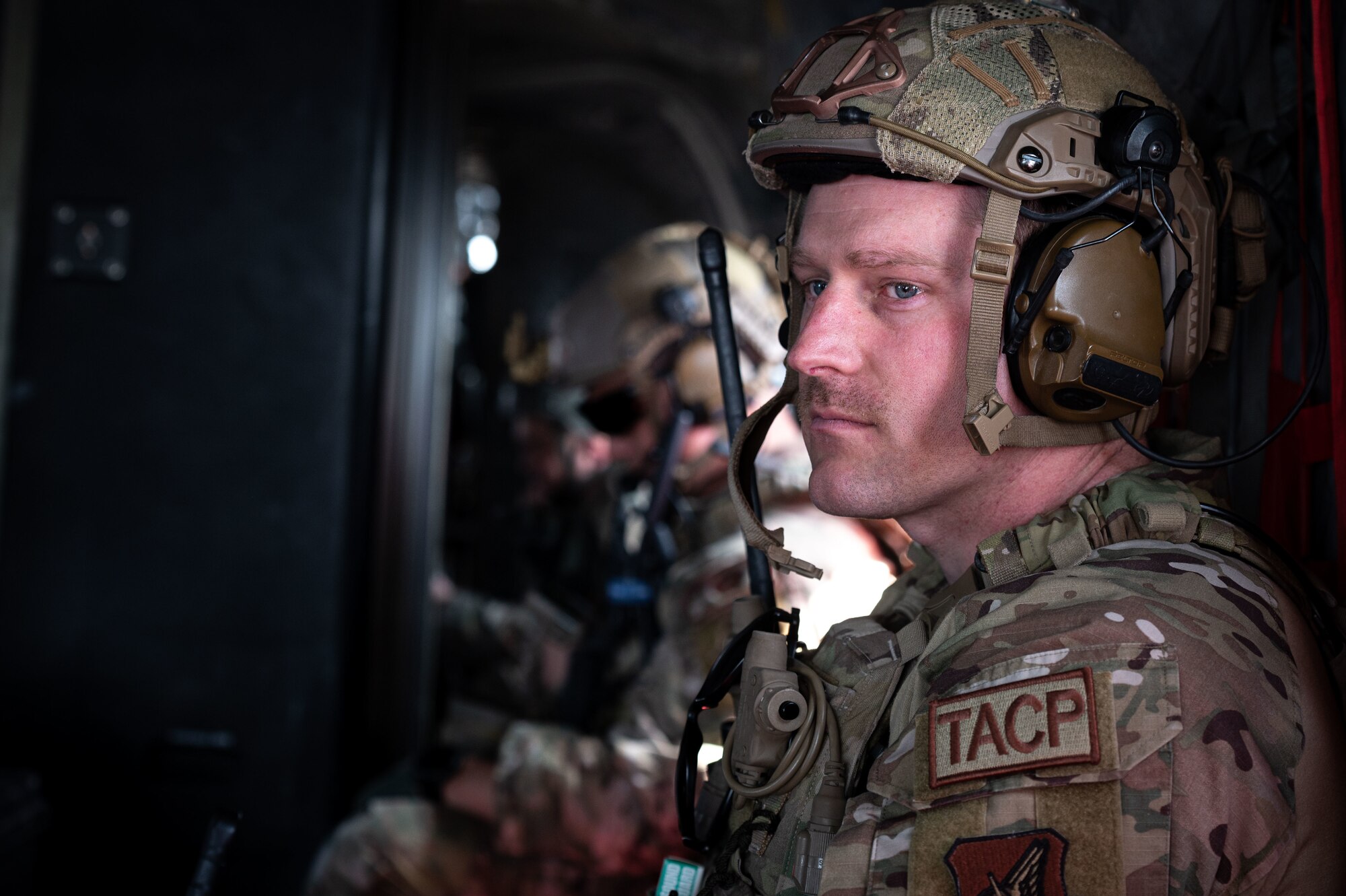 Staff Sgt. Anthony Henderson, 607th Air Support Operations Group Tactical Air Control Party personnel, awaits landing at Pilsung Range, Republic of Korea, March 30, 2022. Henderson was one member of the team assembled to demonstrate the full capabilities of lethal targeting to Lt. Gen. Scott Pleus, Seventh Air Force commander, during a battlefield circulation. (U.S. Air Force photo by Senior Airman Megan Estrada)