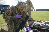 Fifteen enlisted National Guard Soldiers from Pennsylvania Army National Guard compete in the medical event portion of the 2022 state Best Warrior Competition April 11, 2022, at Fort Indiantown Gap, Pa. The Soldiers competed in nine events designed to test their physical and mental endurance: night land navigation, Army Combat Fitness Test, a written exam, a mystery event, the obstacle course, weapons zero and qualification, a 12-mile ruck march, and finally, a leadership/appearance board.