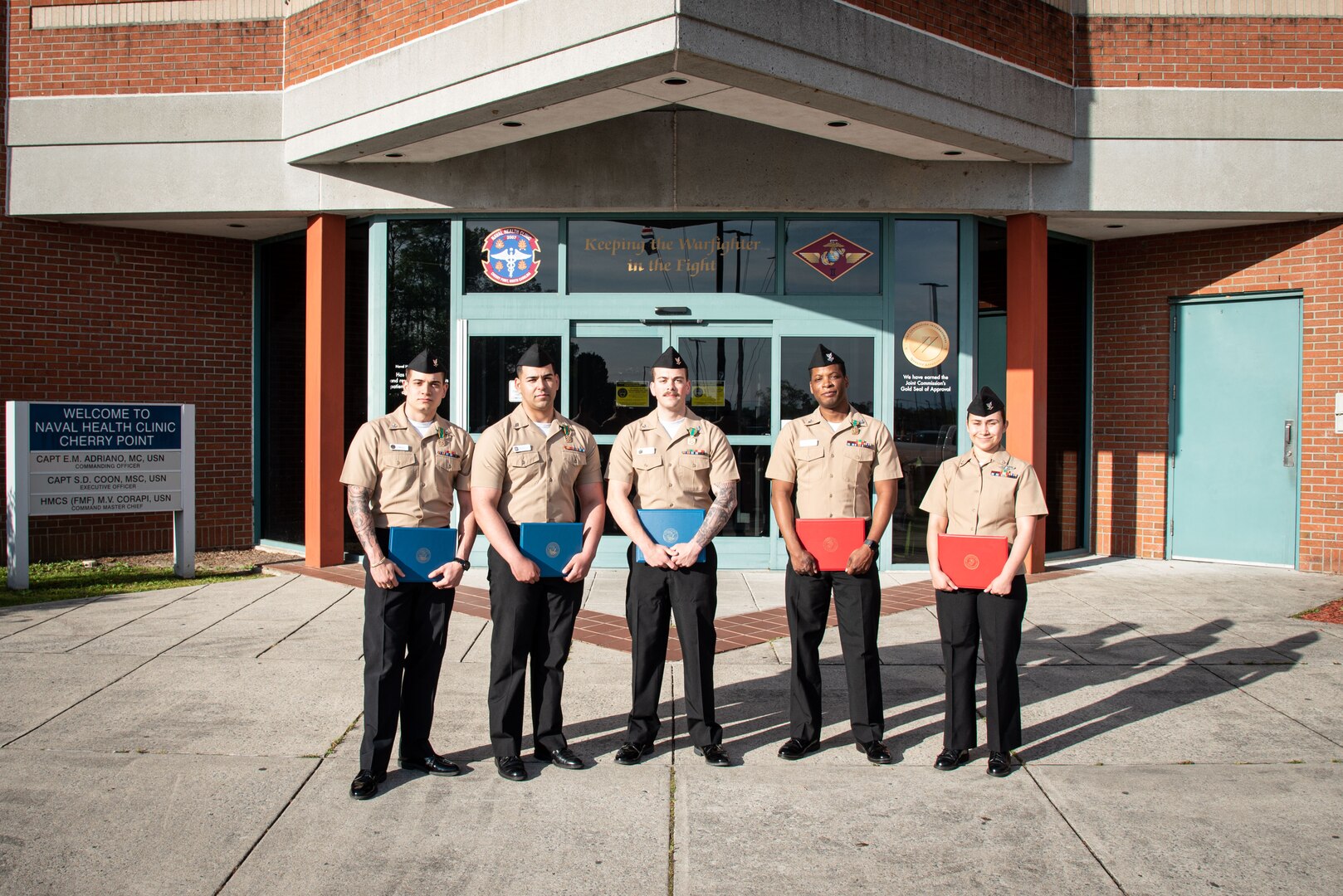 Sailors serving aboard Naval Health Clinic Cherry Point received recognition for their efforts to live and embody the clinic’s motto of “Keeping the Warfighter in the Fight” during a ceremony held Friday, April 15 aboard Marine Corps Air Station Cherry Point.

Hospital Corpsmen Second Class Jason Mike and Jose Lazomorales received the Navy and Marine Corps Achievement Medal along with Hospitalman Alexandre Castillo.

Hospital Corpsman Third Class Emily Page received recognition for her excellence in earning the honor of Junior Sailor of the Quarter for 1st Marine Aircraft Wing.