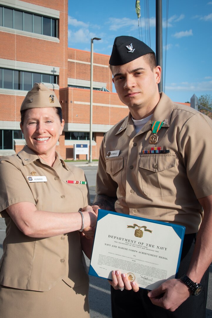 Sailors serving aboard Naval Health Clinic Cherry Point received recognition for their efforts to live and embody the clinic’s motto of “Keeping the Warfighter in the Fight” during a ceremony held Friday, April 15 aboard Marine Corps Air Station Cherry Point.

Hospital Corpsmen Second Class Jason Mike and Jose Lazomorales received the Navy and Marine Corps Achievement Medal along with Hospitalman Alexandre Castillo.

Hospital Corpsman Third Class Emily Page received recognition for her excellence in earning the honor of Junior Sailor of the Quarter for 1st Marine Aircraft Wing.